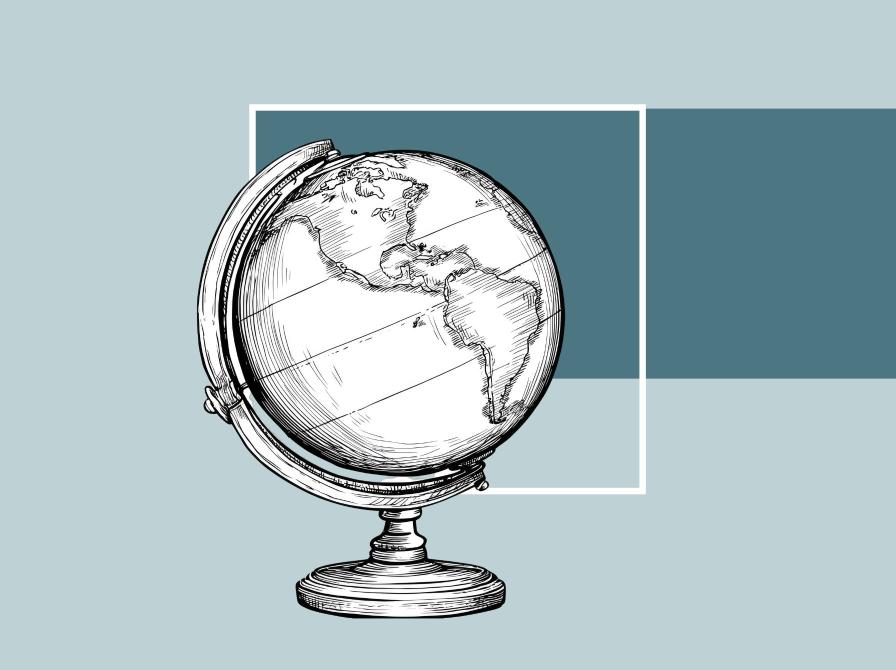 Stregtegning af en globus med verdenskort, placeret på en geometrisk baggrund.